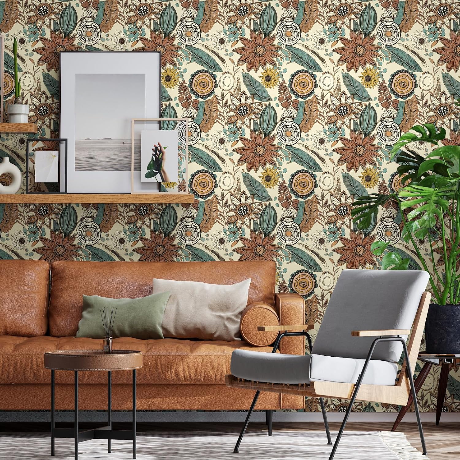 Boho Wallpaper Peel and Stick,Vintage Floral Contact Paper 17.5" x 118", Retro Botanical Flowers Wall Paper Self Adhesive Removable Waterproof for Walls Shelves Cabinet Table (Beige,Brown, Blue)