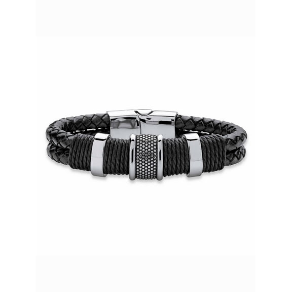 PalmBeach Jewelry Men's Tribal Bracelet With Magnetic Clasp in Stainless Steel and Braided Black Leather 8"