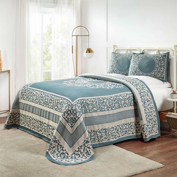 BNM Cotton Blend Floral Scroll Bedspread Set, Full, Cerulean Blue