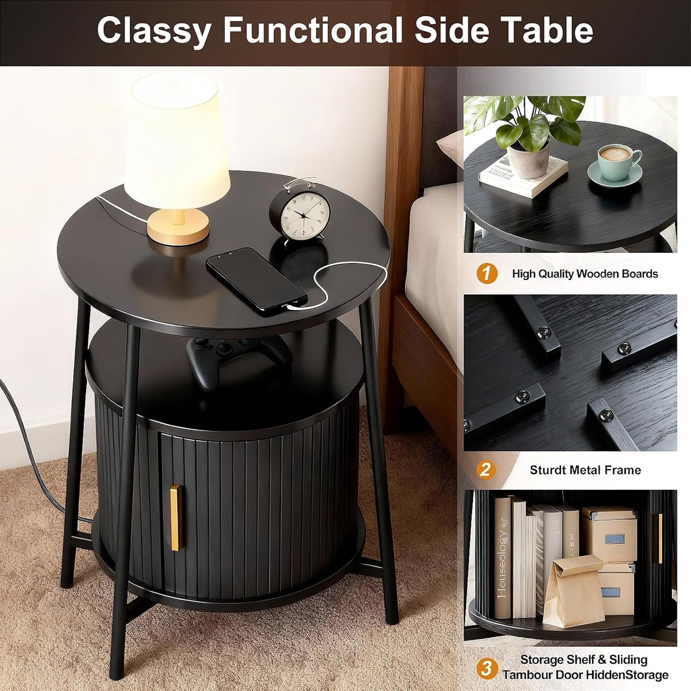 AISWORD Nightstand with Charging Station, Modern Round Bedside Table with Sliding Door Storage, Black