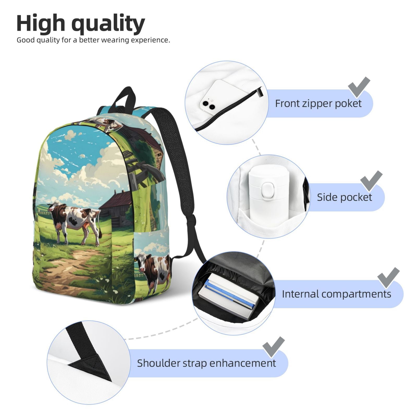 Picia Prairie Pasture Cow Printed Canvas Daypack - Stylish and Durable Vintage Compact Backpack - Class, Work, Travel, or Laptop Bookbag,Organized Compartments-Medium