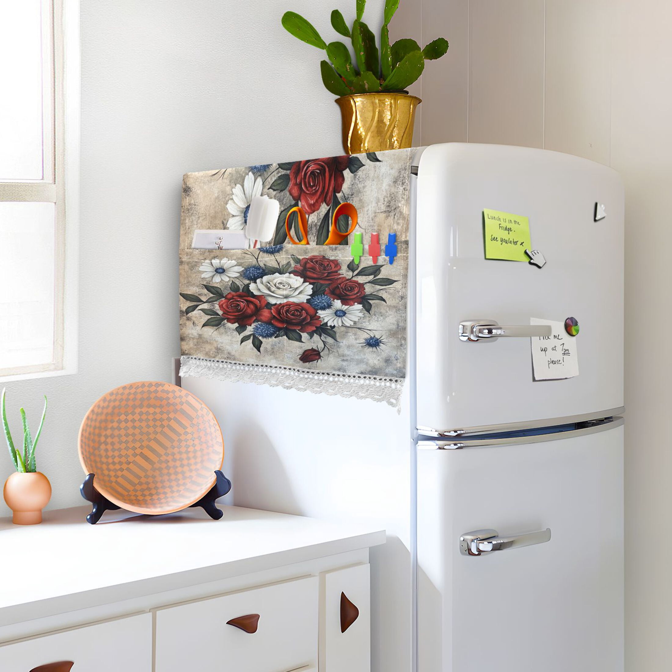 Roses in A VaseWasher and Dryer Covers Dust-Proof and Oil Resistant Fridge Cover with 4 Storage Pockets Washing Machine Top Cover for Laundry Kitchen Home 51.2 x 22 In