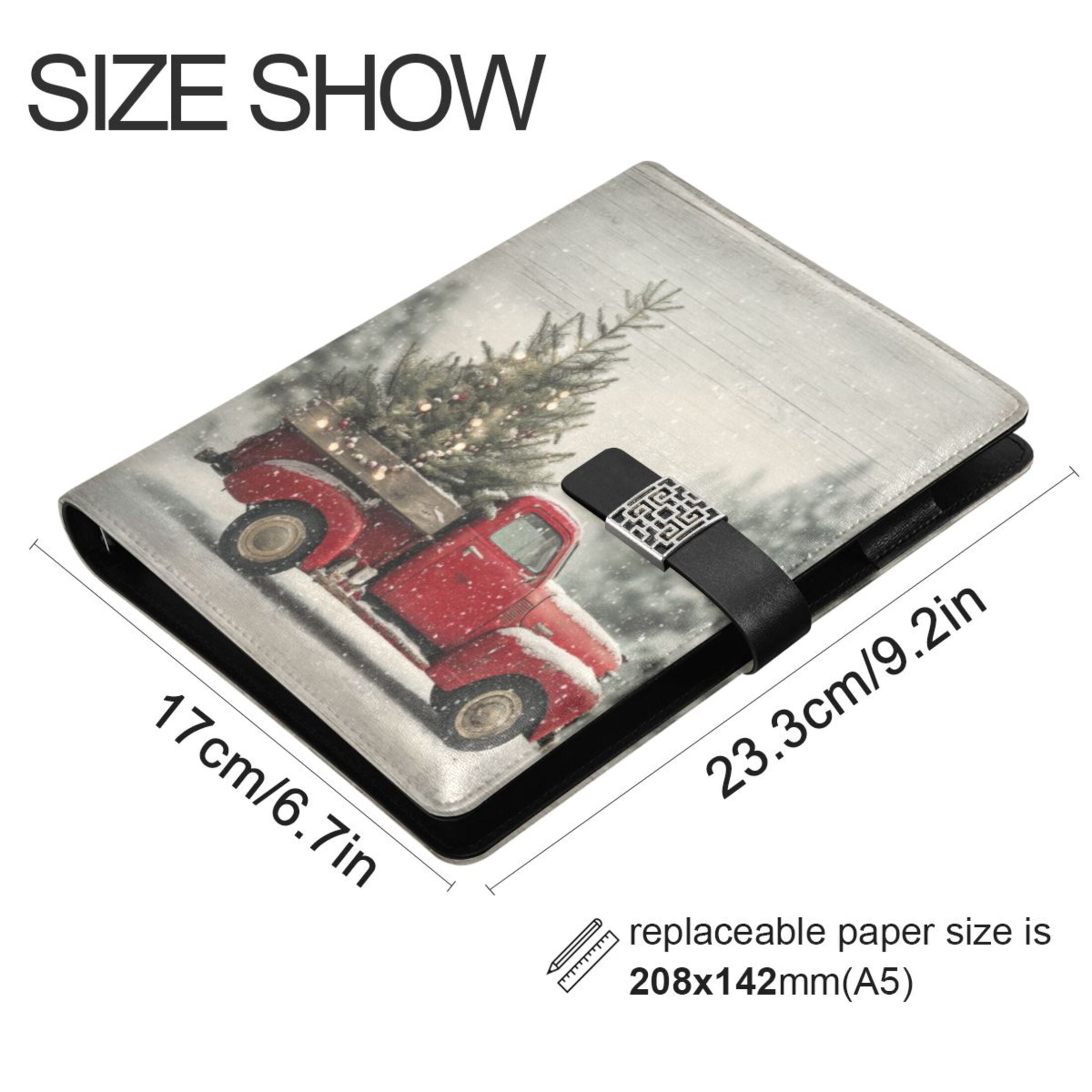 9.2x6.7 inch Leather Notebook 100 Sheets, Multi-Pocket Design & Pen Loop Vintage Red Truck Refillable Journal Organizer