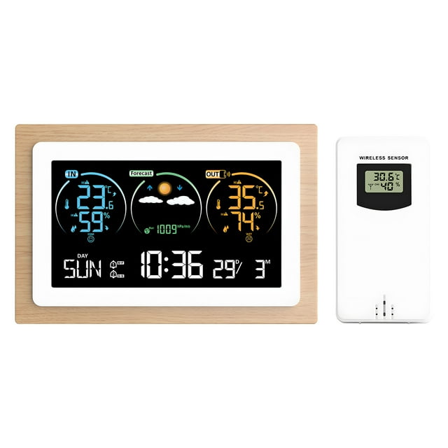 Weather Station Indoor Outdoor Thermometer Wireless LCD Color Display USB Rechargeable Digital Temperature Humidity Monitor Weather Thermometer Forecast Station with Barometer/Digital