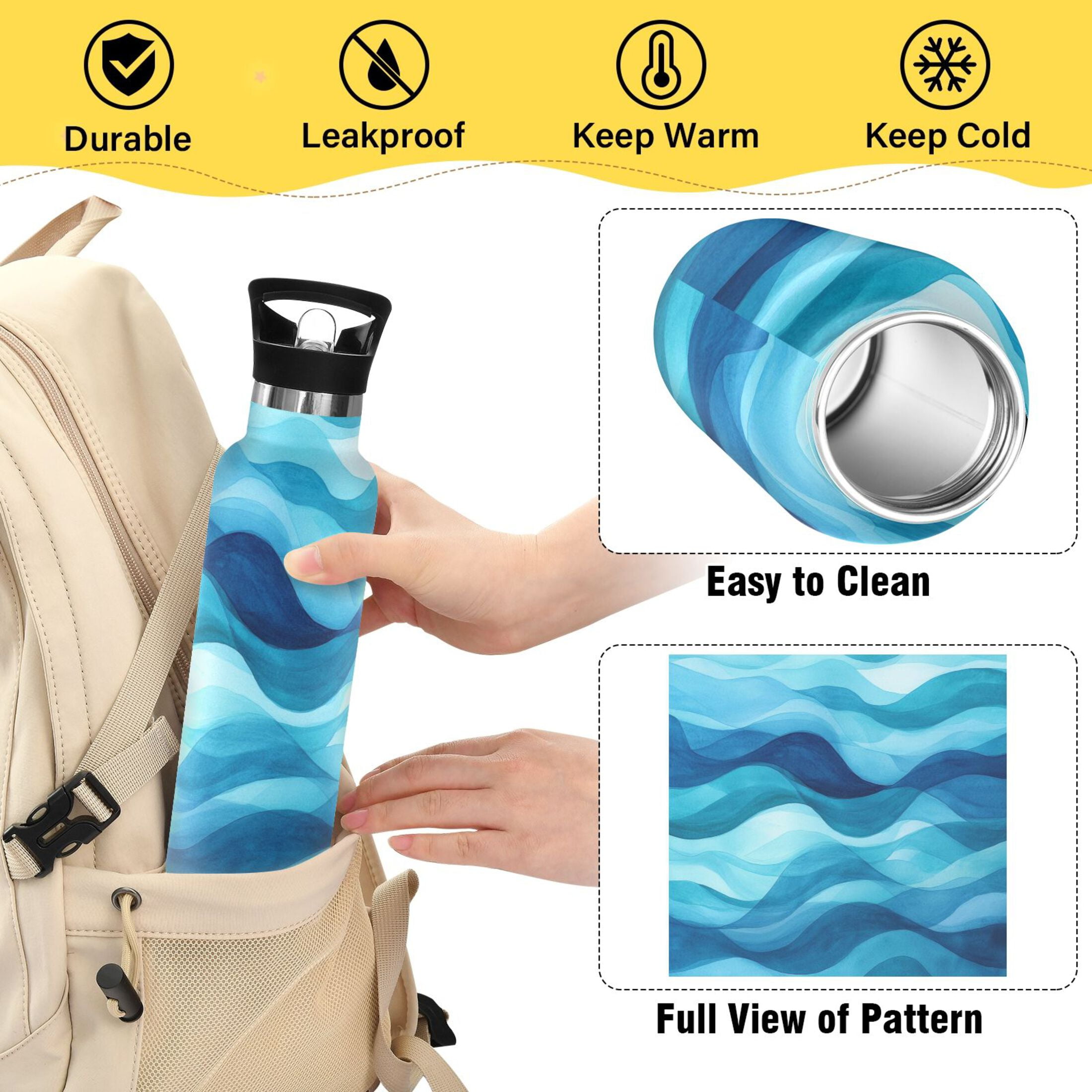 600ML Stainless Steel Insulated Cup Sports Water Bottle Portable Thermos Cup Water Glasses Insulated Tumblers Convenient and Durable Beautiful Blue Sea