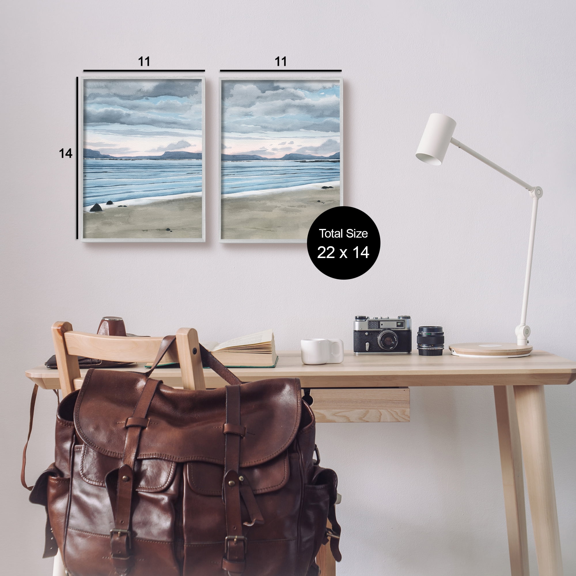 Stupell Cloudy Summer Beach Shore Watercolor Landscape Painting Gray Framed Art Print Wall Art, Set of 2