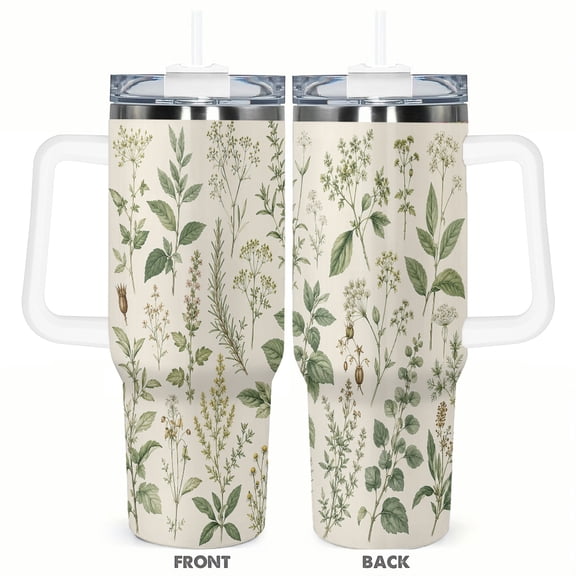40oz Vintage Botanical Herb Tumbler with Handle and Straw Insulated Insulated Car Cup Gift for Women