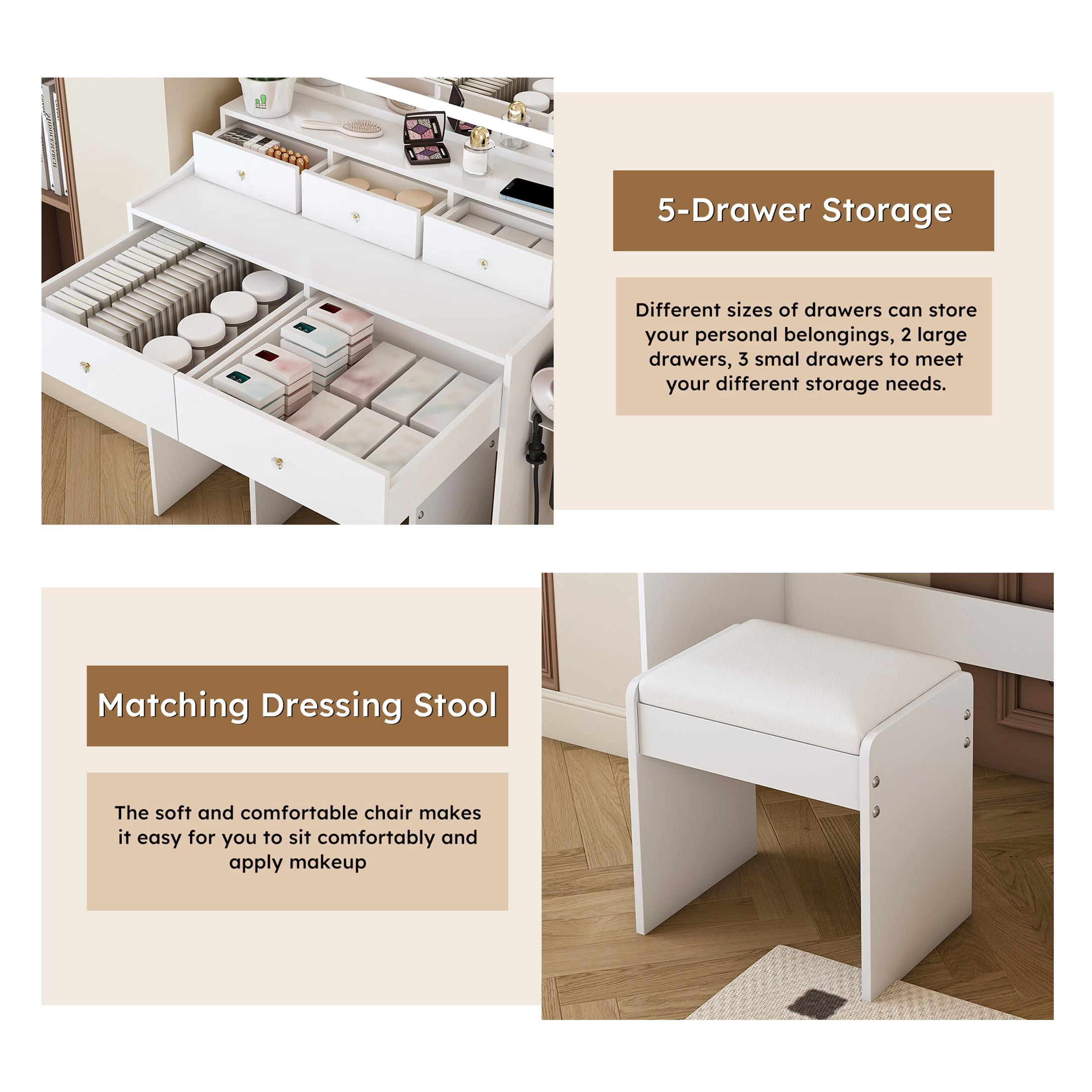 UHOMEPRO Vanity Set with Mirror, Lighted Makeup Vanity Desk with 5 Drawers, Storage Shelves, Hair Dryer Rack, and Cushioned Stool, Modern Makeup Desk Dressing Table for Girls Bedroom, White