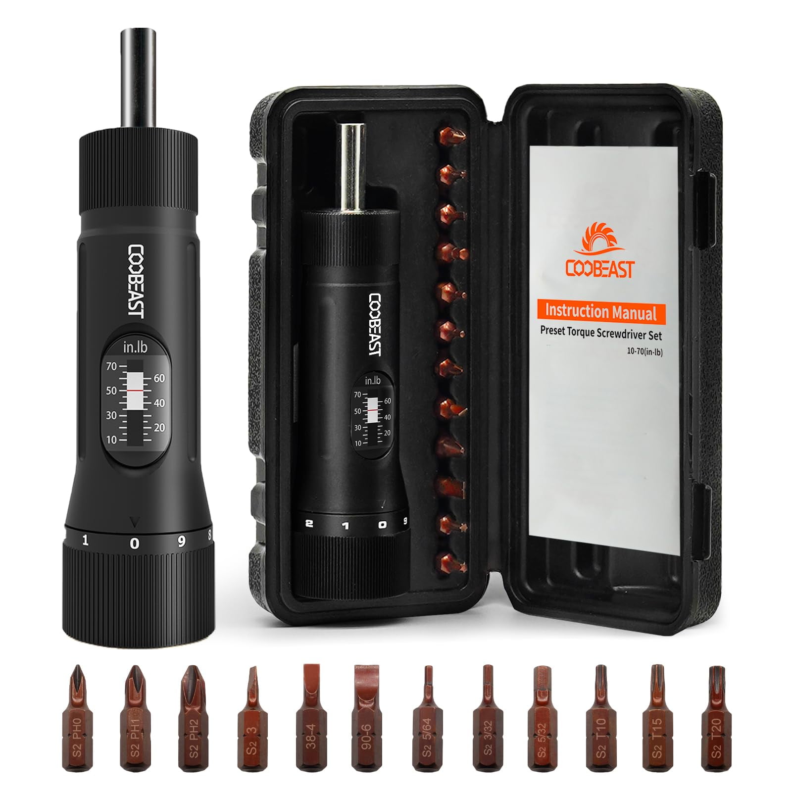 coobeast 13Pcs Preset Torque Screwdriver with S2 Bits, 1/4&acirc