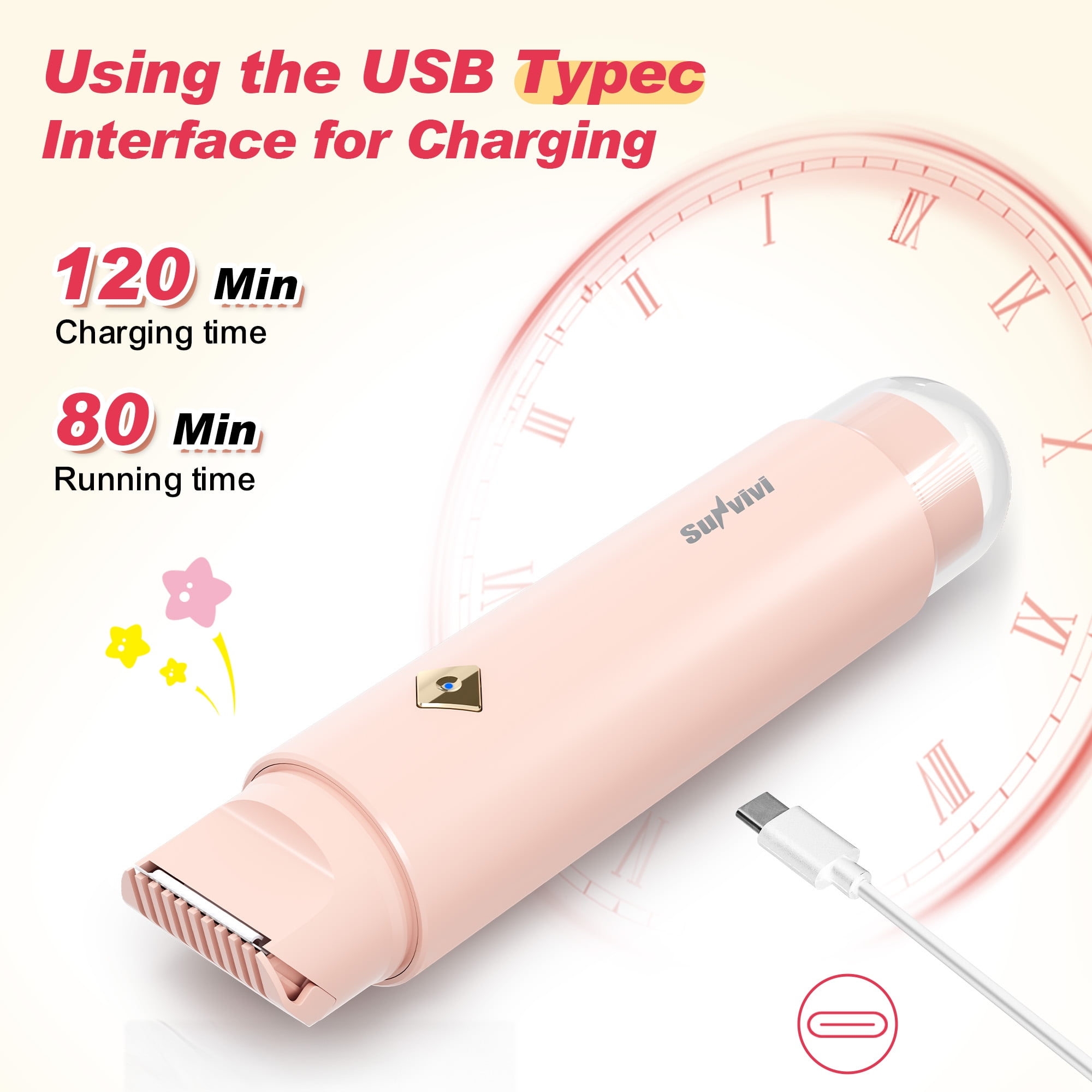 Sunvivi Versatile 2-in-1 Electric Bikini Trimmer for Women: Waterproof Pubic Razor for Face Body Bikini Underarm Leg Arm, Pink