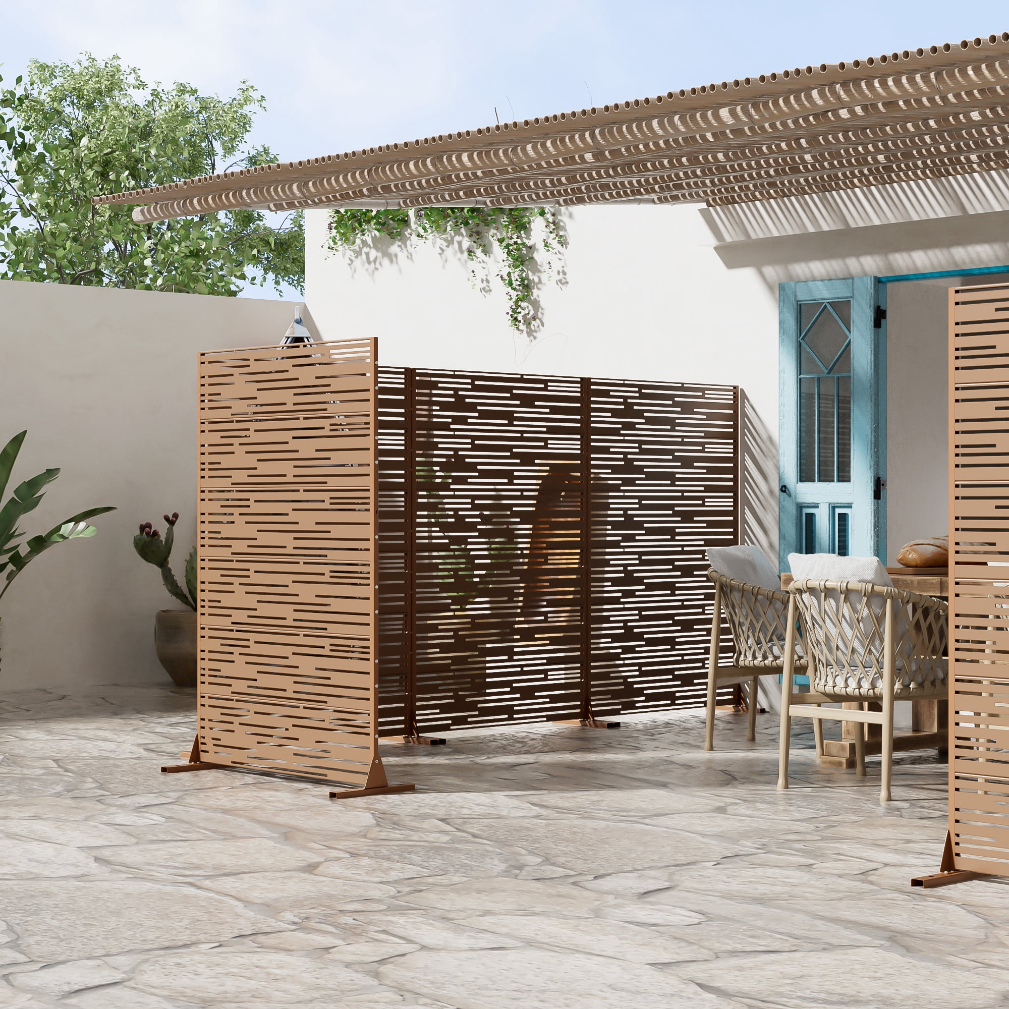MAYEERTY 72 × 47in Outdoor Privacy Screen with Stand Metal Balcony Decorative Screen, Brown