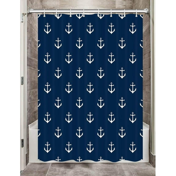 Nautical Anchor Shower Curtain for Bathroom, Navy Blue White Beach Coastal Beachy Fabric Shower Curtains Set Decorative, Ocean Men Boys Kids Restroom Decor Accessories Hooks Included 72x72 Inch