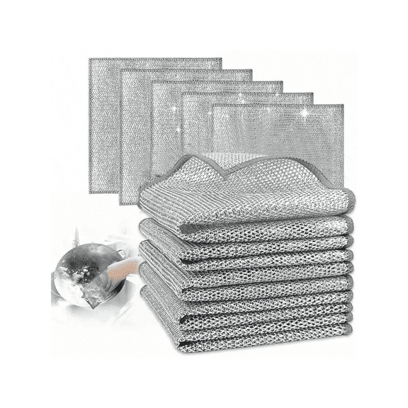 Non-Scratch Steel Wire Dish Cloths, Quick Drying Wet & Dry Cleaning Rags, Multi-Purpose Kitchen Towels for Dishes, Cookware, Sinks and Stoves, 10-Pack