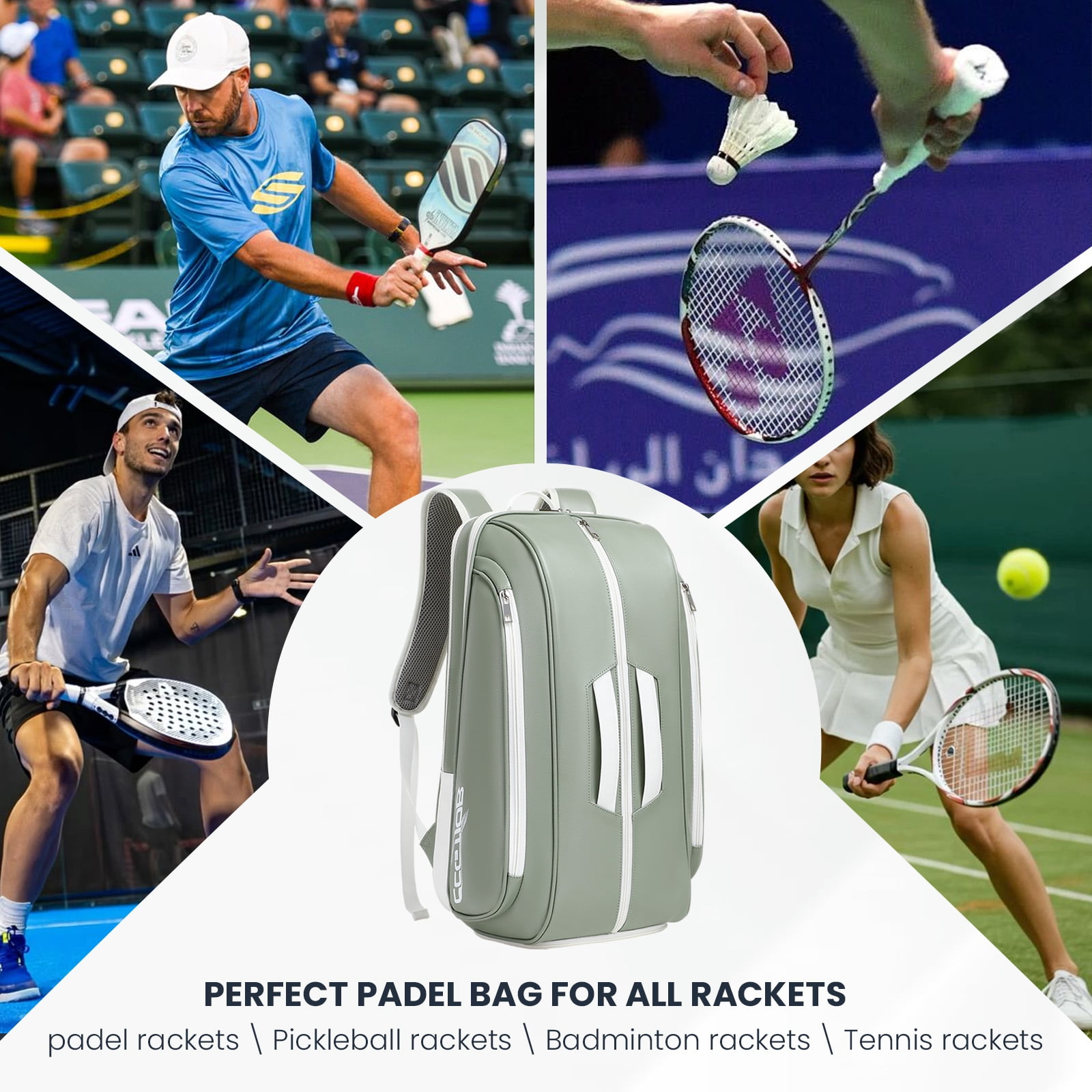 CCGTIOR Multi-Use Beach Tennis Bag For Sport Convertible Padel Backpack - Laptop Sleeve, Ball Sleeve, Fence Hook, Easy Access,Shoe Compartment (Green)
