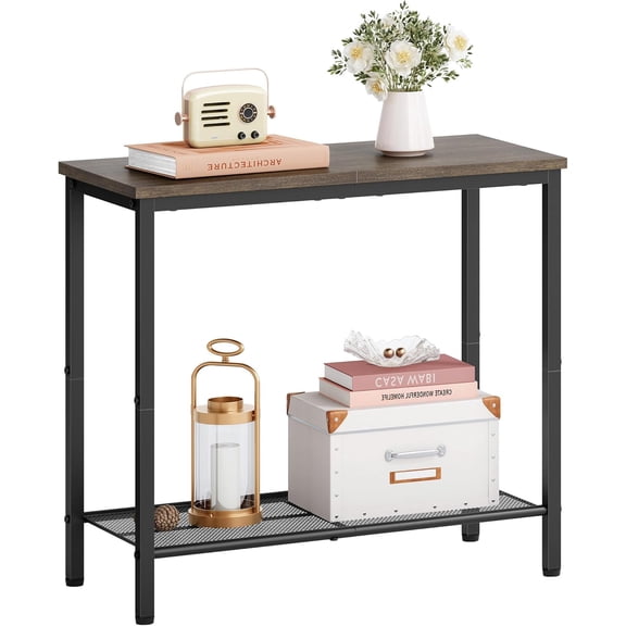 2 Tier End Table, Sofa Side Table, Narrow Side Table with Storage, Slim Nightstand for Small Spaces, Metal Frame, for Living Room, Bedroom, Sofa Couch, Hall, Grey