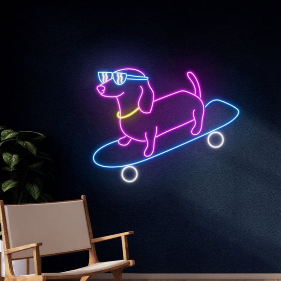 Handmadetneonsign Dachshund Dog Skateboarding Neon Sign, Skateboard Dachshund Led Sign, Dog Skateboarder Led Light, Wall Décor