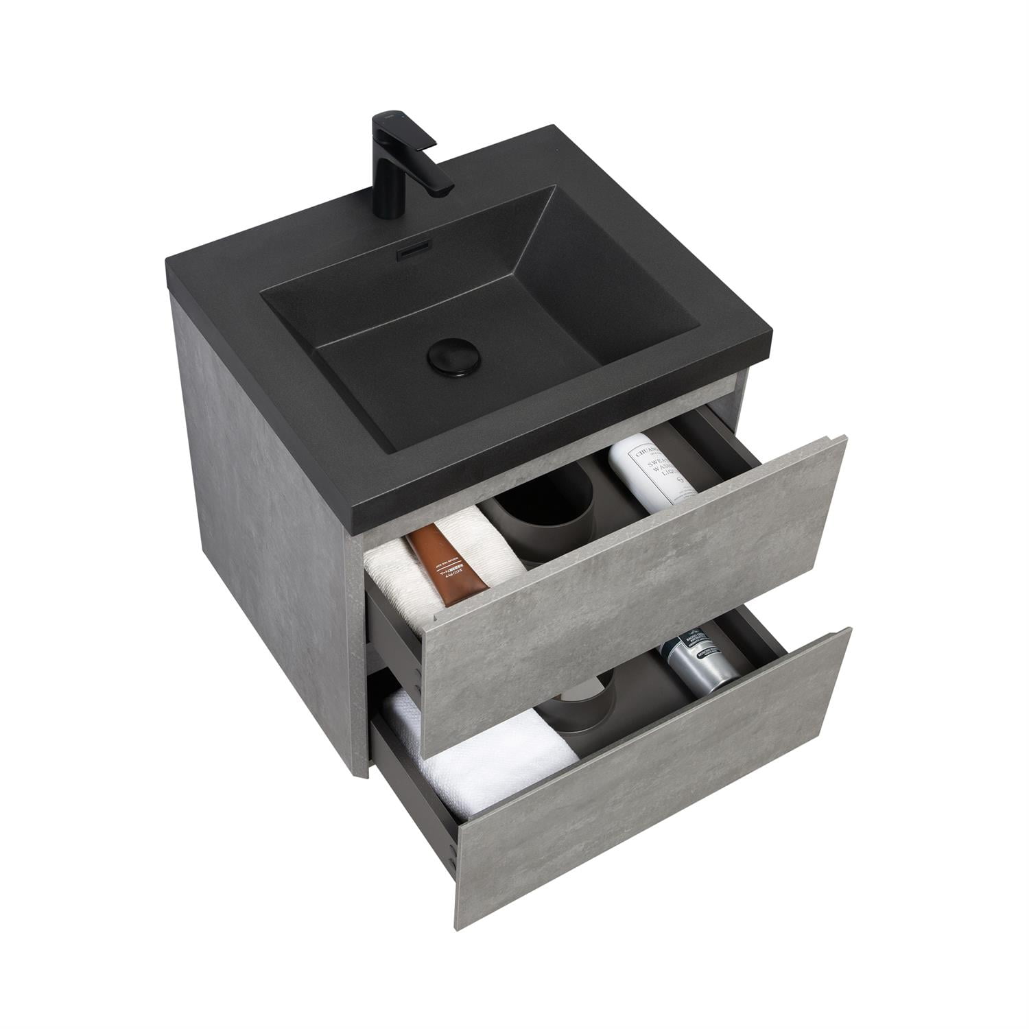 Demi Bonn 23" Floating Bathroom Vanity with Sink, Black Quartz Sand Top Basin and 2 Soft Close Drawers, Faucets and Drains Not Included, Gray