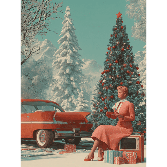 Retro Christmas Scene Canvas Print, Wall Art for Living Room, Bedroom, Kitchen, Dining Room, Office, Den, Foyer, Hallway