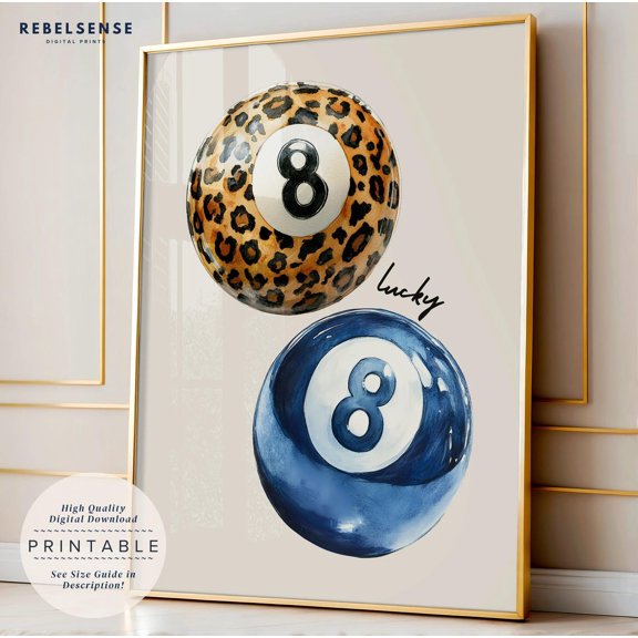 Navy 8 Ball Print, Leopard Print Funky Wall Art, Lucky You Poster, Dopamine Decor, Cheetah Print, Preppy Poster, Aesthetic Posters Wall Art, Modern Wall Decor, 8x12 UNFRAMED