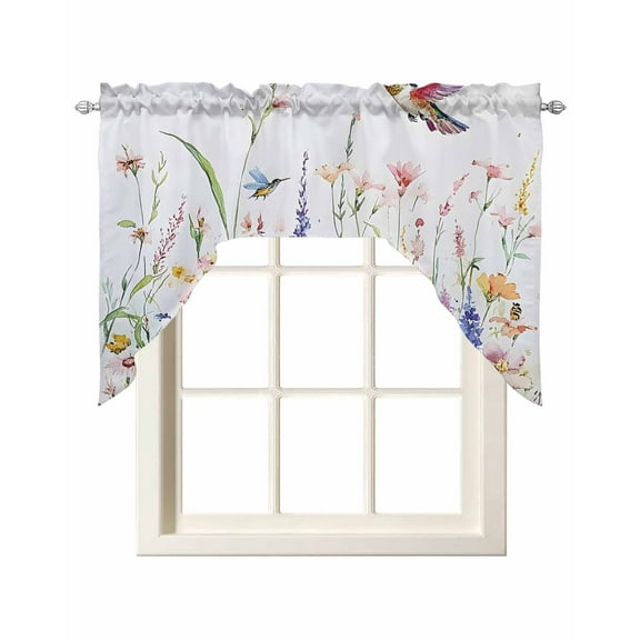 Hummingbird Floral Kitchen Curtains Swag Valance for Windows/Bathroom/Cafe, Farmhouse Floral Botanical Rod Pocket Drape Panel Swag Curtain Valance for Bedroom/Living Room 55''x36''