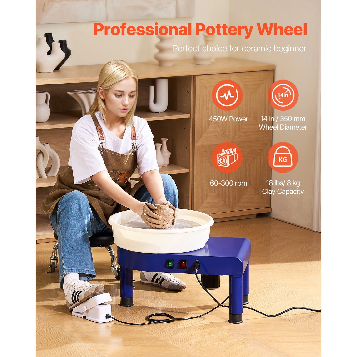 KFFKFF 14-inch Pottery Wheel with Adjustable Speed, Foot Pedal Control, Detachable Basin, Adjustable Legs, and Full Accessories for Home Pottery and DIY Projects, Blue