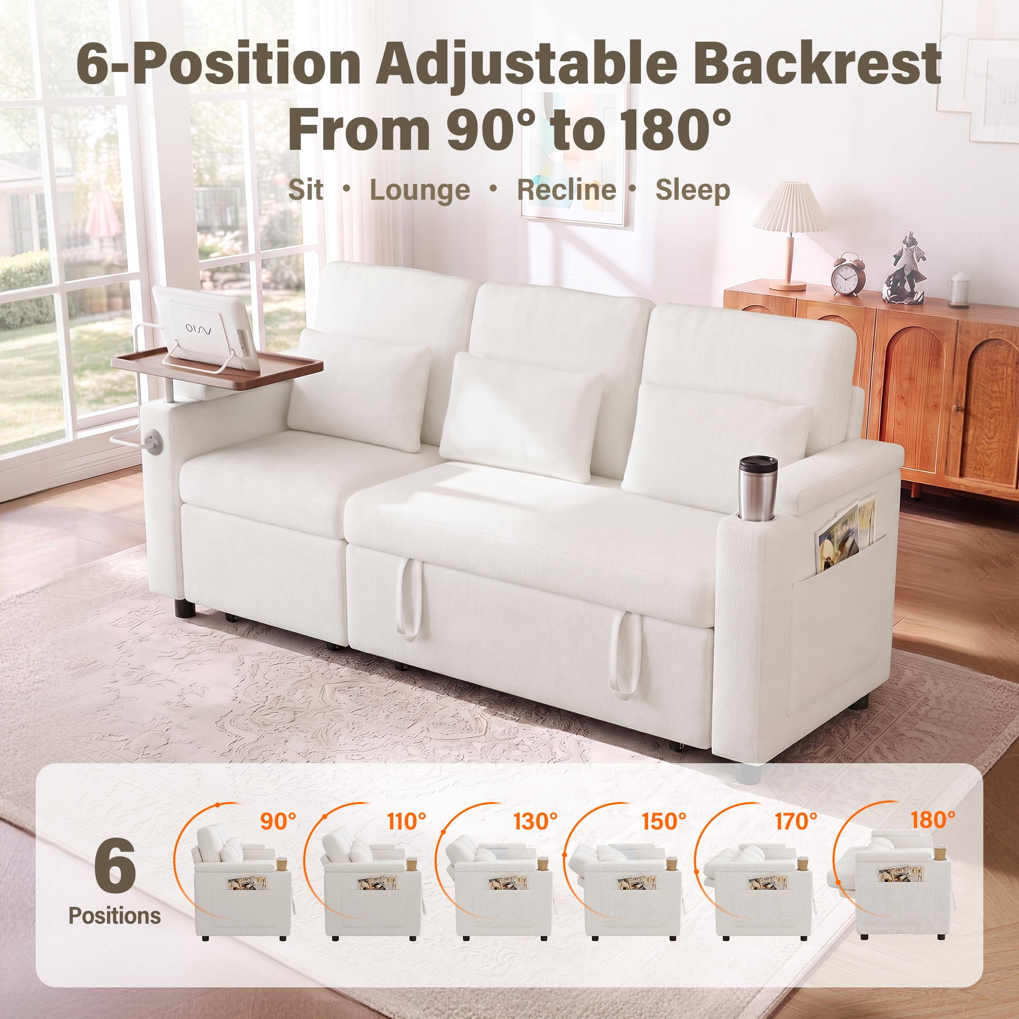 Aukfa 81" Convertible Sleeper Sofa,Chenille 3-in-1 Sofa Bed with Recliner,Center Table,USB Ports & Storage Armrests,White