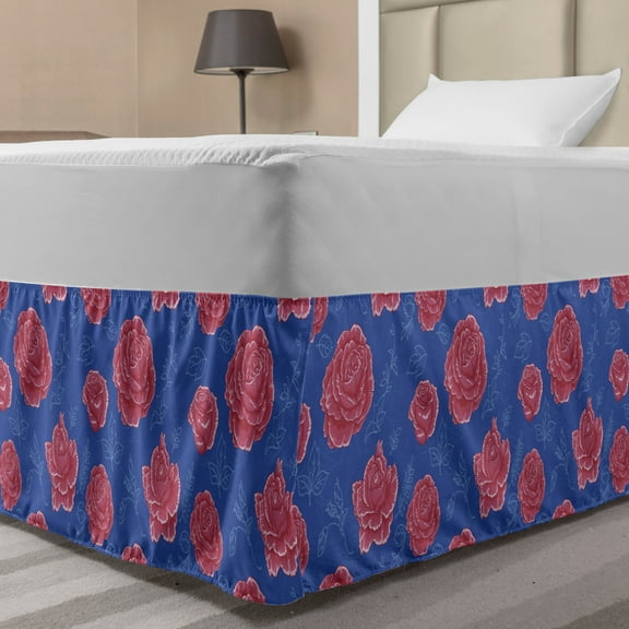 Rose Bed Skirt, Romantic Bicolour Design Petal Pattern with Outline Leafy Buds Print, Elastic Bedskirt Dust Ruffle Wrap Around for Bedding Decor, 4 Sizes, Violet Blue Dark Coral, by Ambesonne