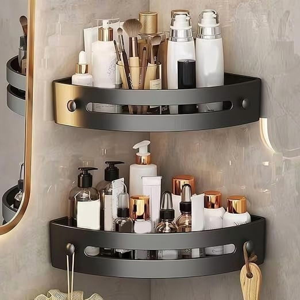 2026 New Suction Cup Corner Shower Shelf, No-Drill Bathroom Corner Shelf Strong, Waterproof Suction Cup, Bathroom Organizers and Storage Countertop for Bathroom Kitchen (Black+Grey)