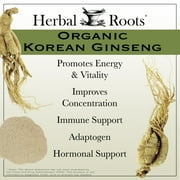 Herbal Roots Organic Korean Panax Ginseng, Herbs for Energy, Endurance, and Immune Support 60 Vegan and Organic Capsules