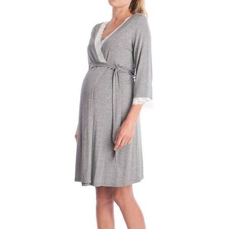 

JustVH Women Lace Patchwork 3/4 Sleeve Maternity Dress Robe Nightgown
