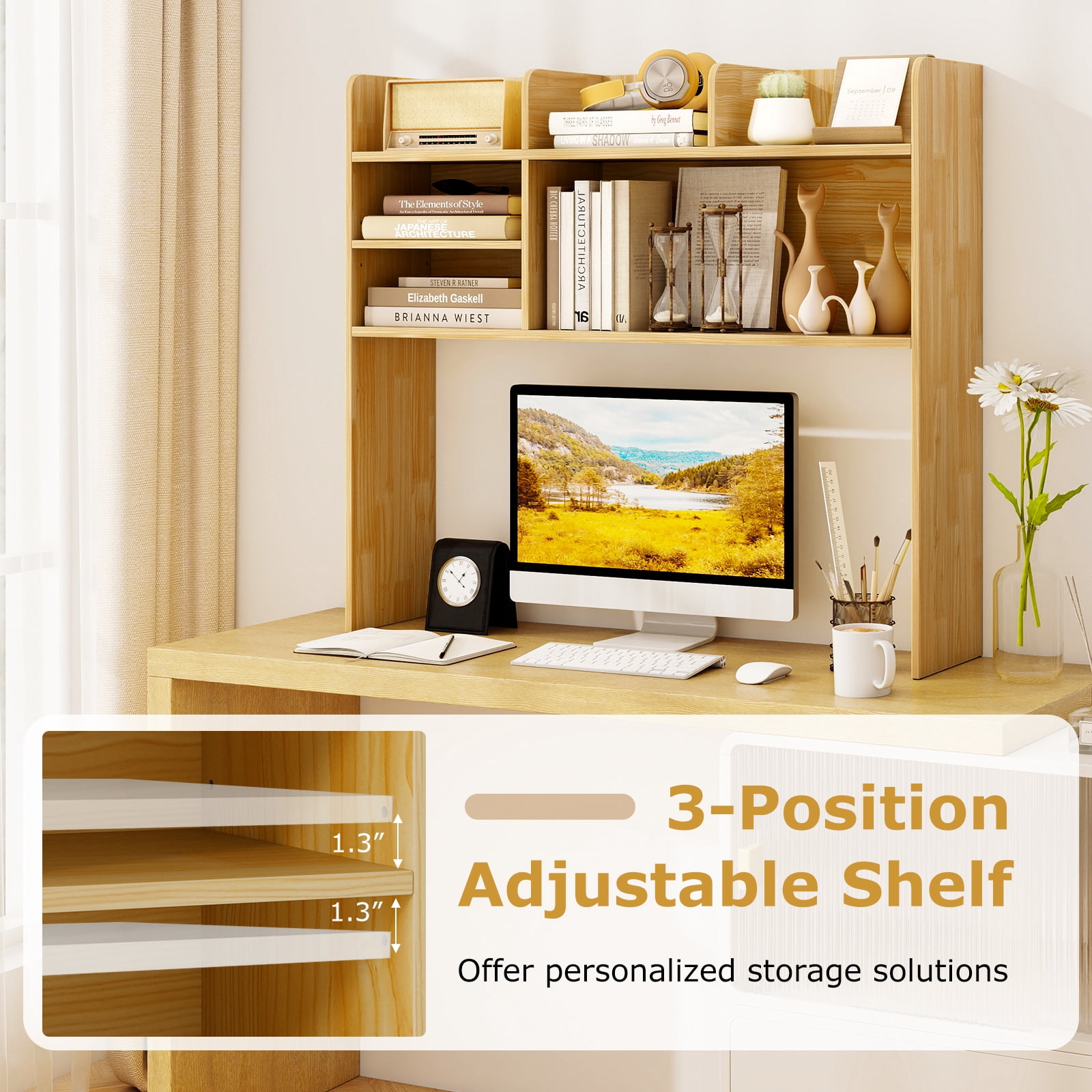 Costway 3-Tier Desktop Bookshelf with 6 Shelves Desk Organizer for Computer Desk Beige