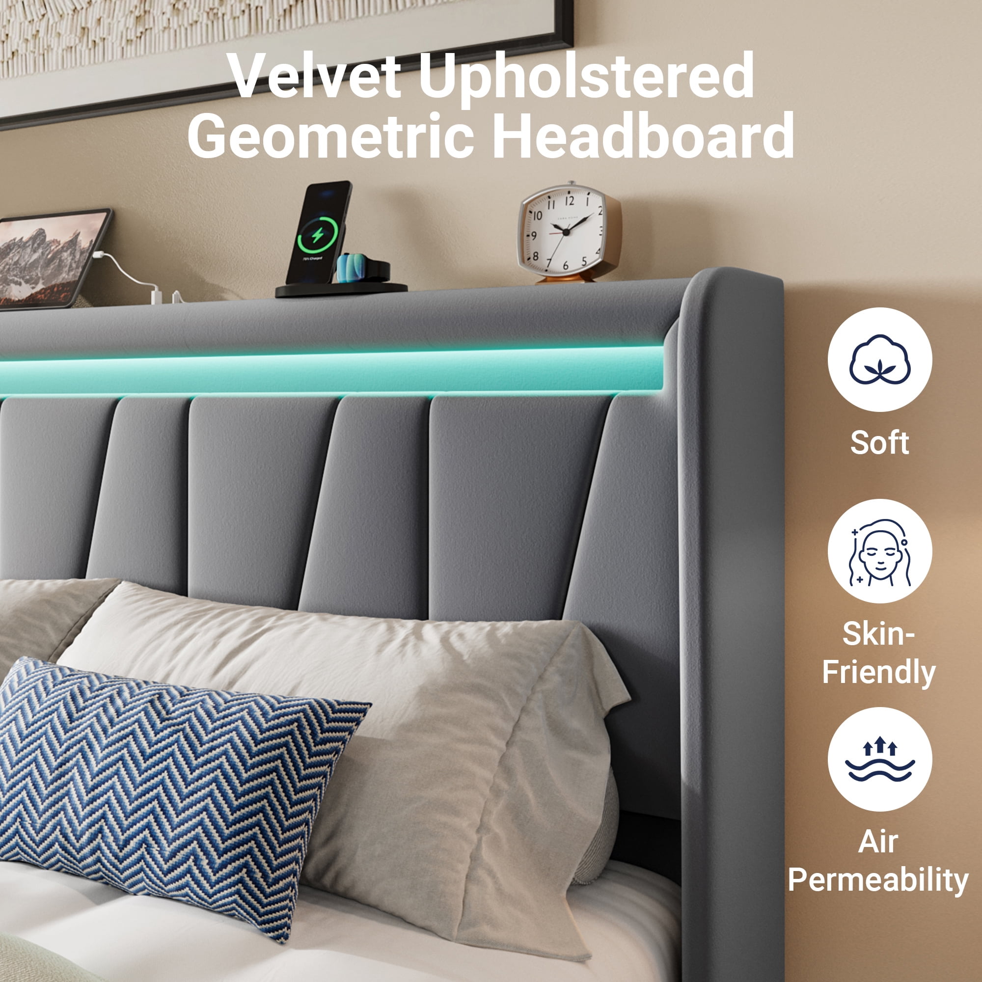 Allewie Queen Size LED Bed Frame with Charging Station, Velvet Upholstered Platform Bed with Geometric Wingback Headboard, Grey
