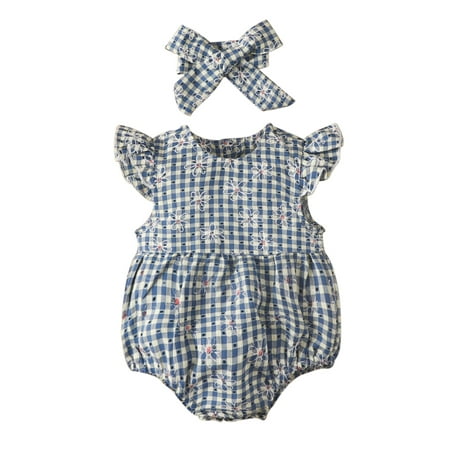 

Musuos Baby Girl Romper Sleeveless Plaid Floral Print Jumpsuit Bodysuit and Headband