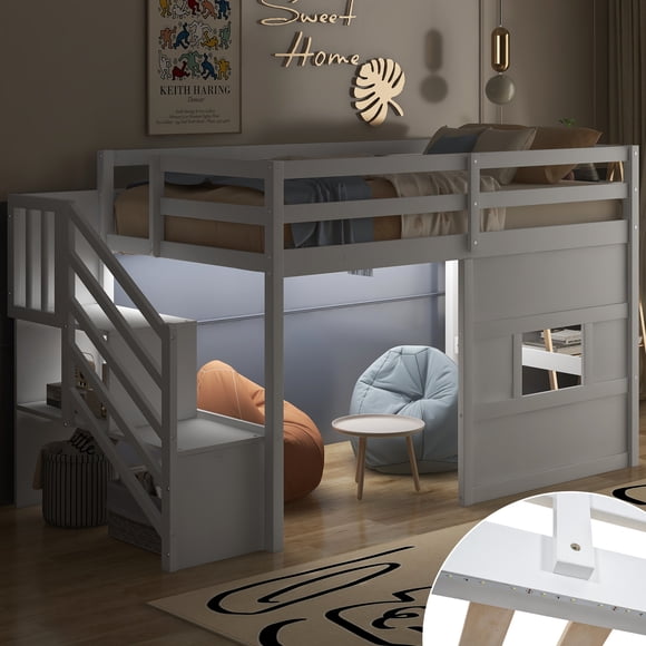 GOWE Twin Size Loft Bed with Storage Staircase and Window, With LED Light, Whit [Sturdy Wood Frame] The twin size loft bed is constructed with a sturdy pinewood frame that features a natural wood g