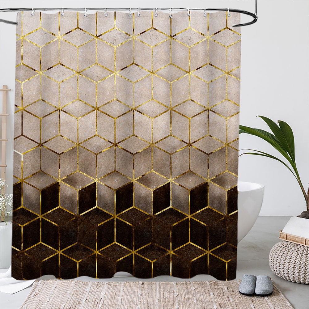 4 Pcs Art Gold Geometric Luxury Shower Curtain Set with Rug Toilet Cover and Bath Mat for Bathroom