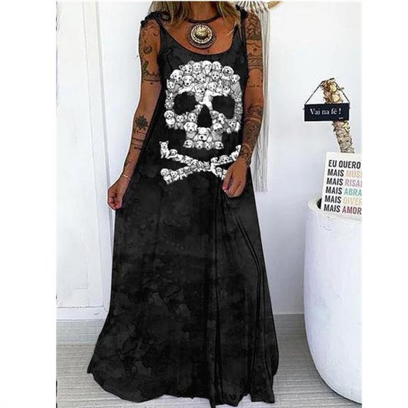 New Women's Summer Crewneck Loose Party Dress Casual Vintage Skull Print Sling Beach Long Dress
