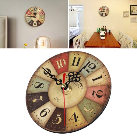 Unique Colorful Wall Clocks TSV Vintage Rustic Wall Clock, Country Non-Ticking Wooden Clock Dial Timer for Home Livingroom Bedroom Office Cafe Bar Decor ()