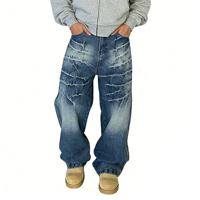 Jeans pour Hommes Classification de Produit Rue Haute Jambe Droite Jeans Déchirés pour Pantalon Grand Rétro Coupe Ample Titre du Produit