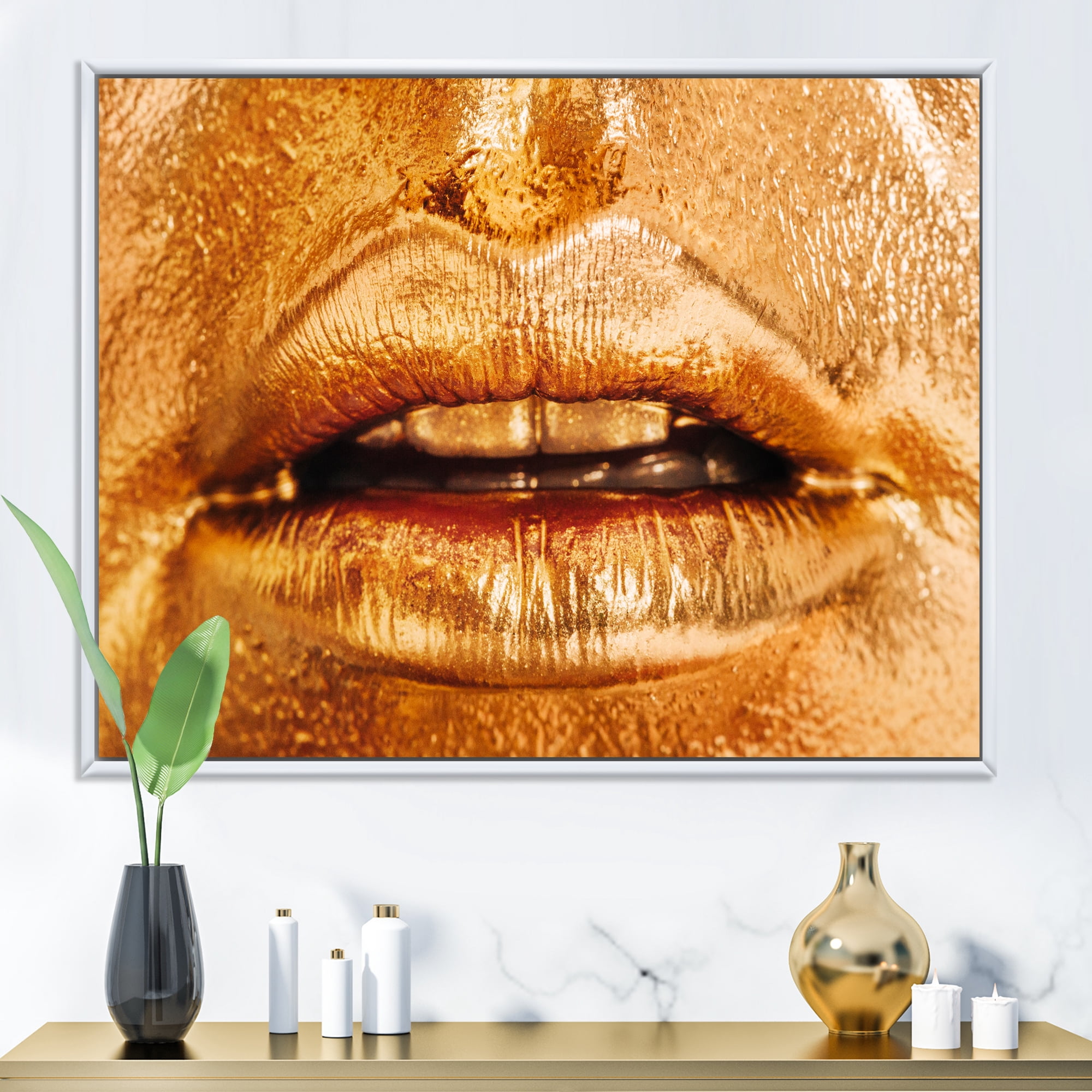 Close Up Of Female Lips With Bright Golden Makeup 20 in x 12 in Framed Photography Canvas Art Print, by Designart