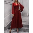 thumbnail image 5 of Women'S Spring Sleeve High Split Casual Loose V-Neck Waist A-Line Flowy Swing Maxi Length Dresses Wine Red M, 5 of 7