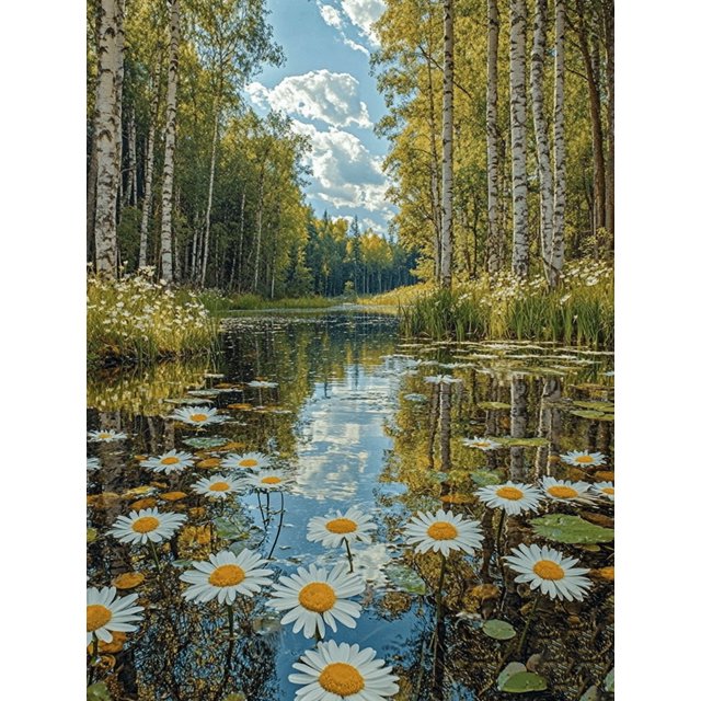Qisvanset Framed Canvas Wall Art 12x16 Inch Wild Daisy Meadow Pond Elegant Nature Wall Art