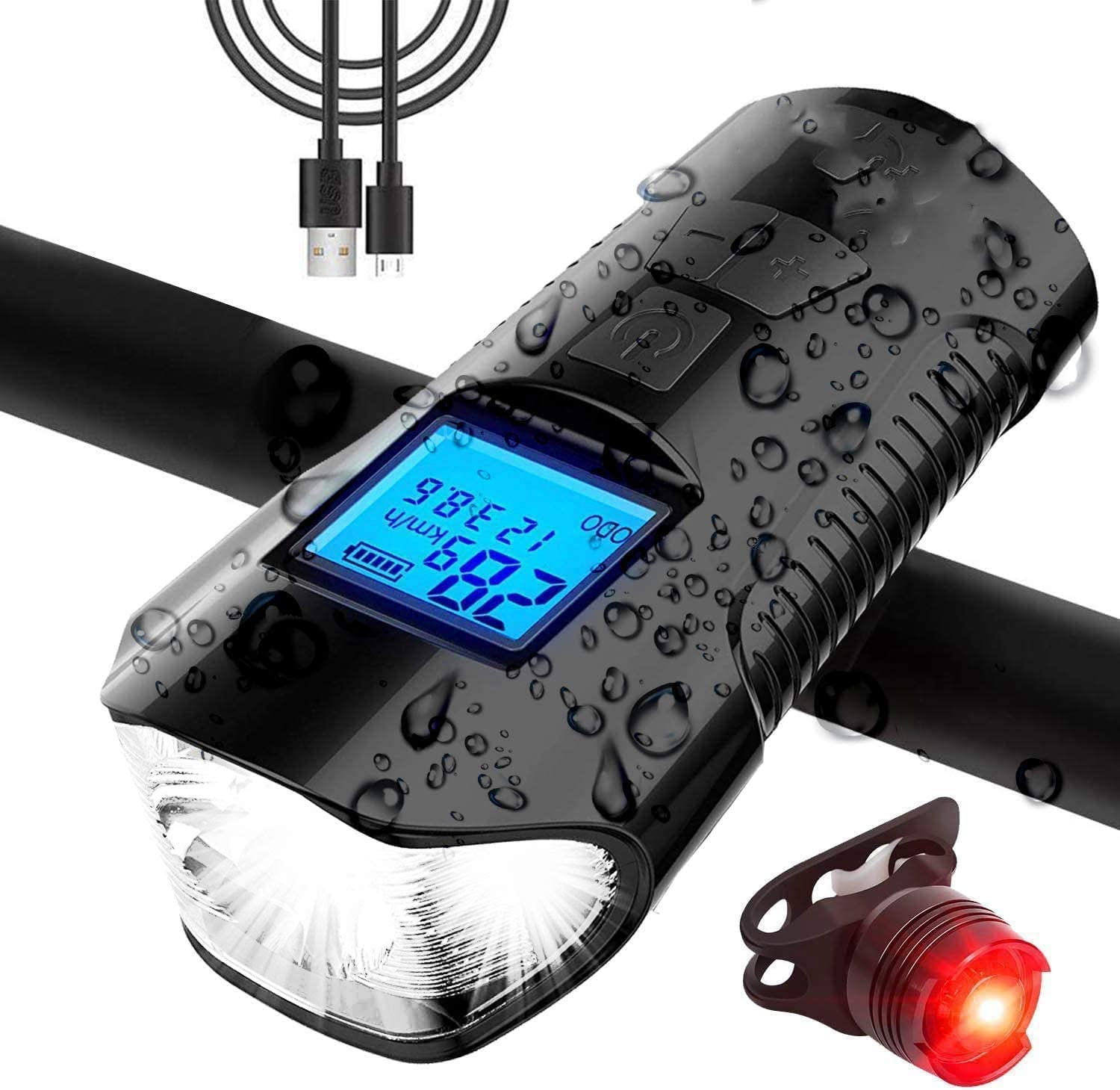 LED Bicycle Light Set, 711light Bicycle Lamp USB Rechargeable Bicycle Speedometer Bicycle Computer Bicycle Speedometer Bicycle Light Speedmeter ODometer for Cycling