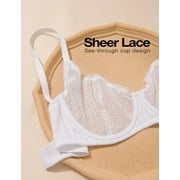 Wingslove Womens Sexy Lace Bra Mesh Balconette See Through Bralette Half Cup Sheer Bras Unlined Underwire Suppport (White,32DD)
