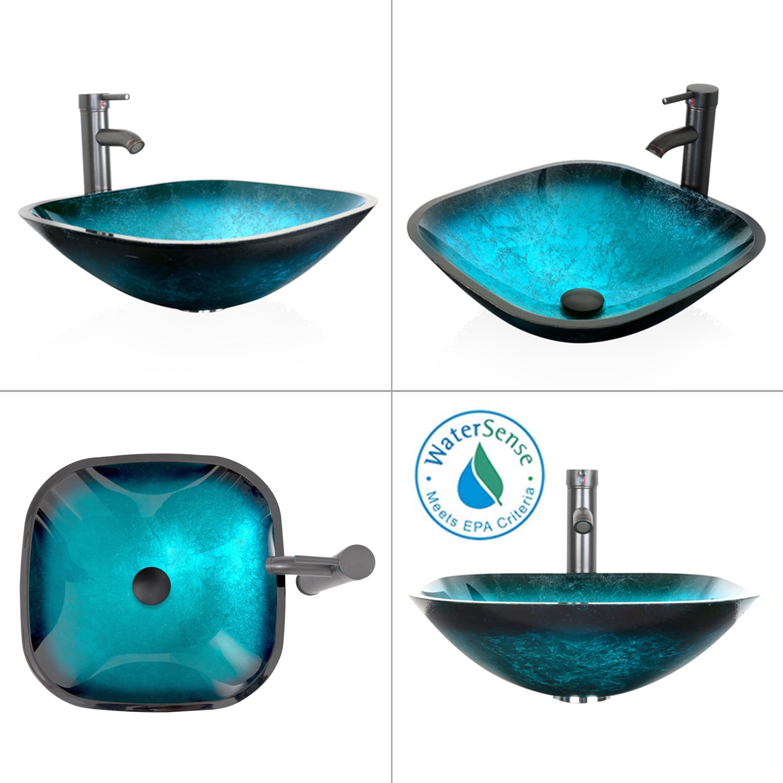 Eclife 24" Black Bathroom Vanity Set with Wood Top, Green Glass Sink, Water Saving Faucet, Pop up Drain Combo