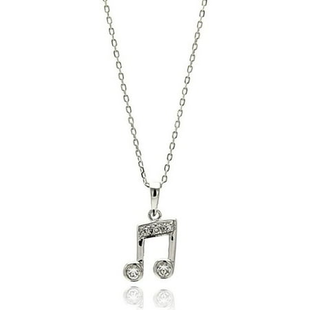 Cubic Zirconia Music Eighth Note Necklace Rhodium Plated Sterling Silver