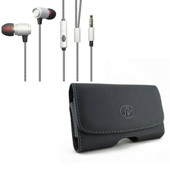 Compatible With Google Pixel 3a XL - Black Leather Side Case w Superior Hi-Fi Sound Earbuds Hands-free Earphones w Mic