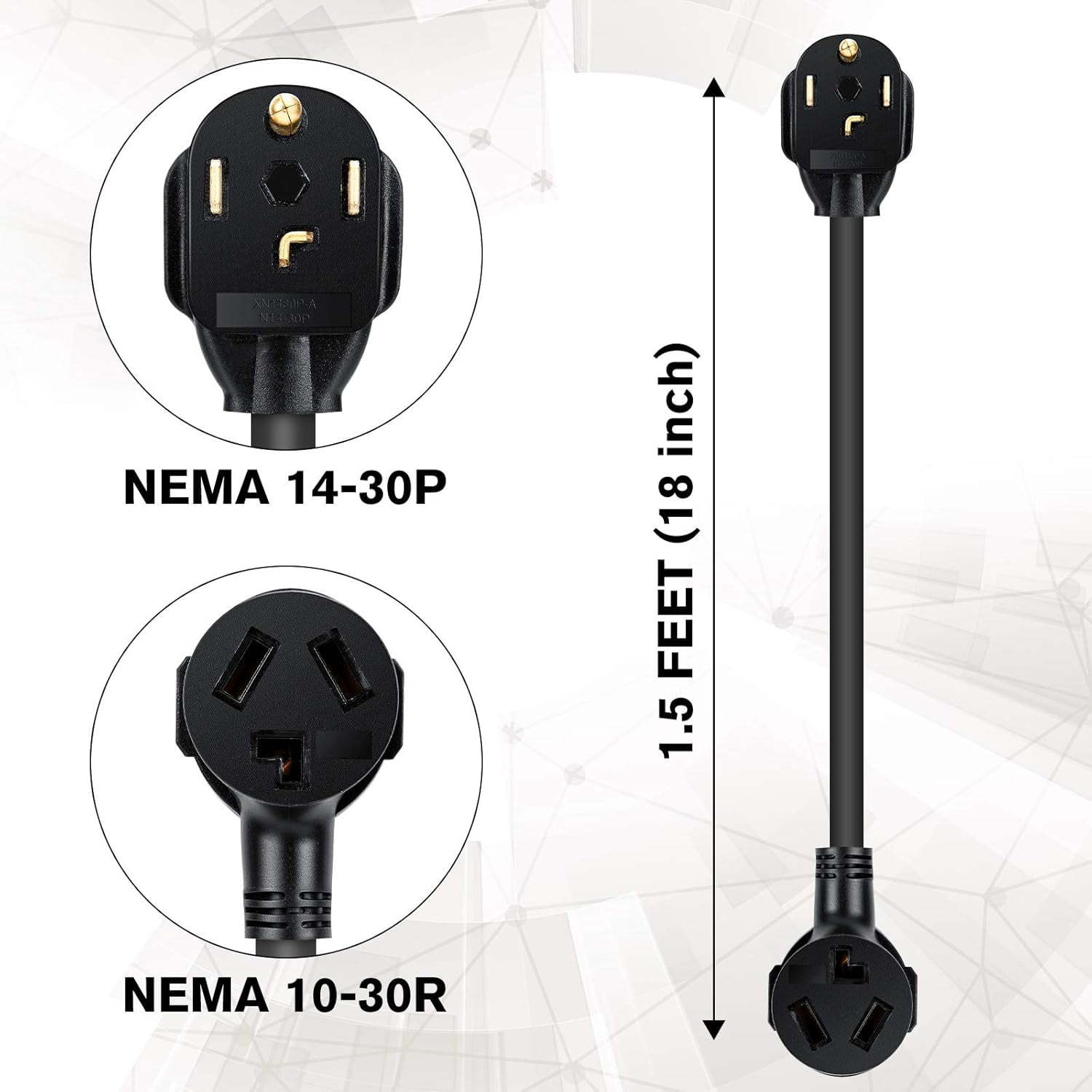 1.5FT 3 Prong to 4 Prong Dryer Adapter - Perfect 3 to 4 Prong Dryer Plug Adapter, 14-30P Male to 10-30R Female Receptacle, 30A, 250V!