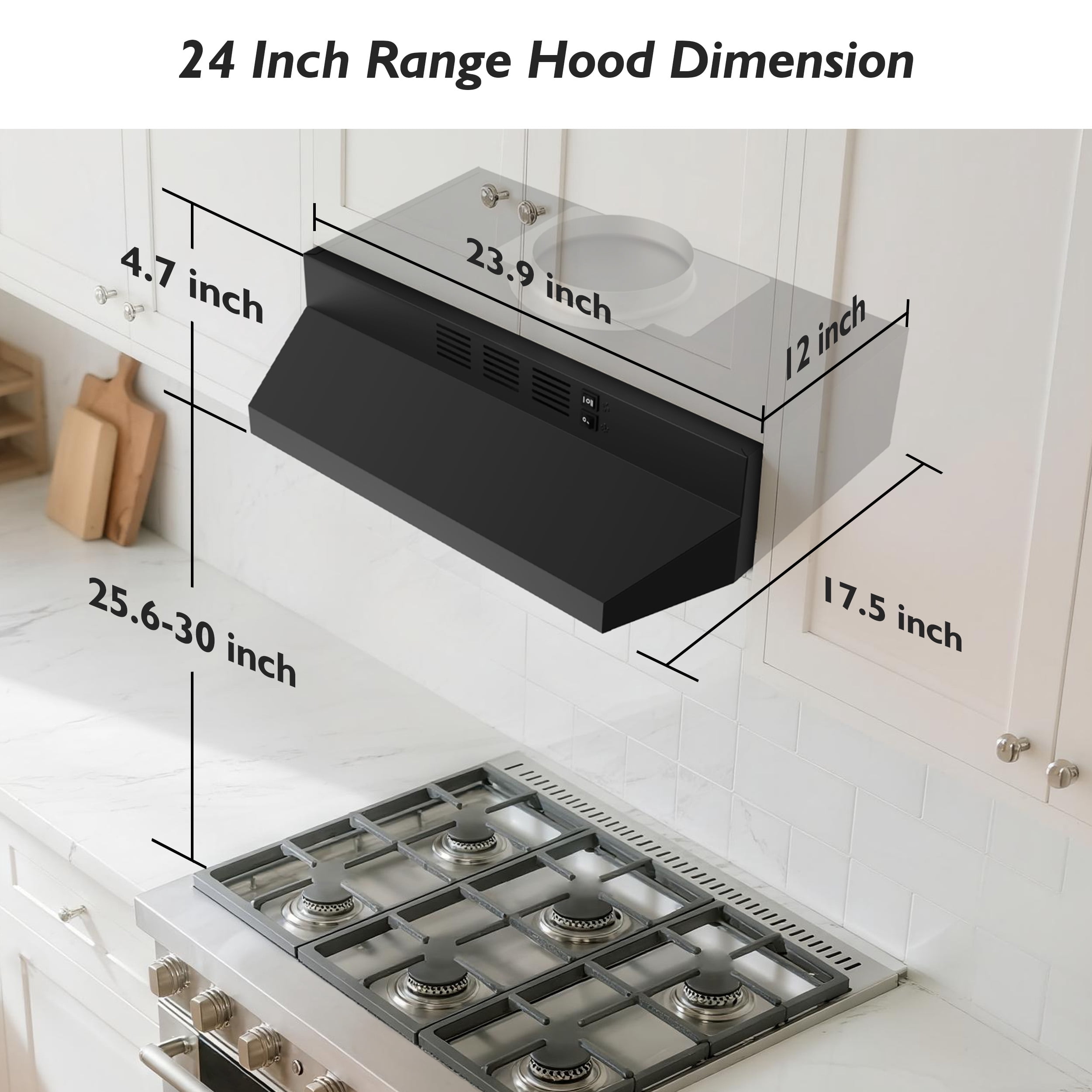 FIREGAS Black Range Hood 24 inch Under Cabinet Range Hood with 2 Speed Exhaust Fan,Ducted/Ductless Convertible,Rocker Button Control,300 CFM,Aluminum Filter