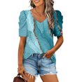 thumbnail image 2 of USSUMA T-Shirts for Women Trendy Floral Marble Print Women's Shirts and Blouses Puff Sleeve Female Tops Dressy Casual Summer Ruched Elegant V Neck Plus Tunics Beach, 2 of 8