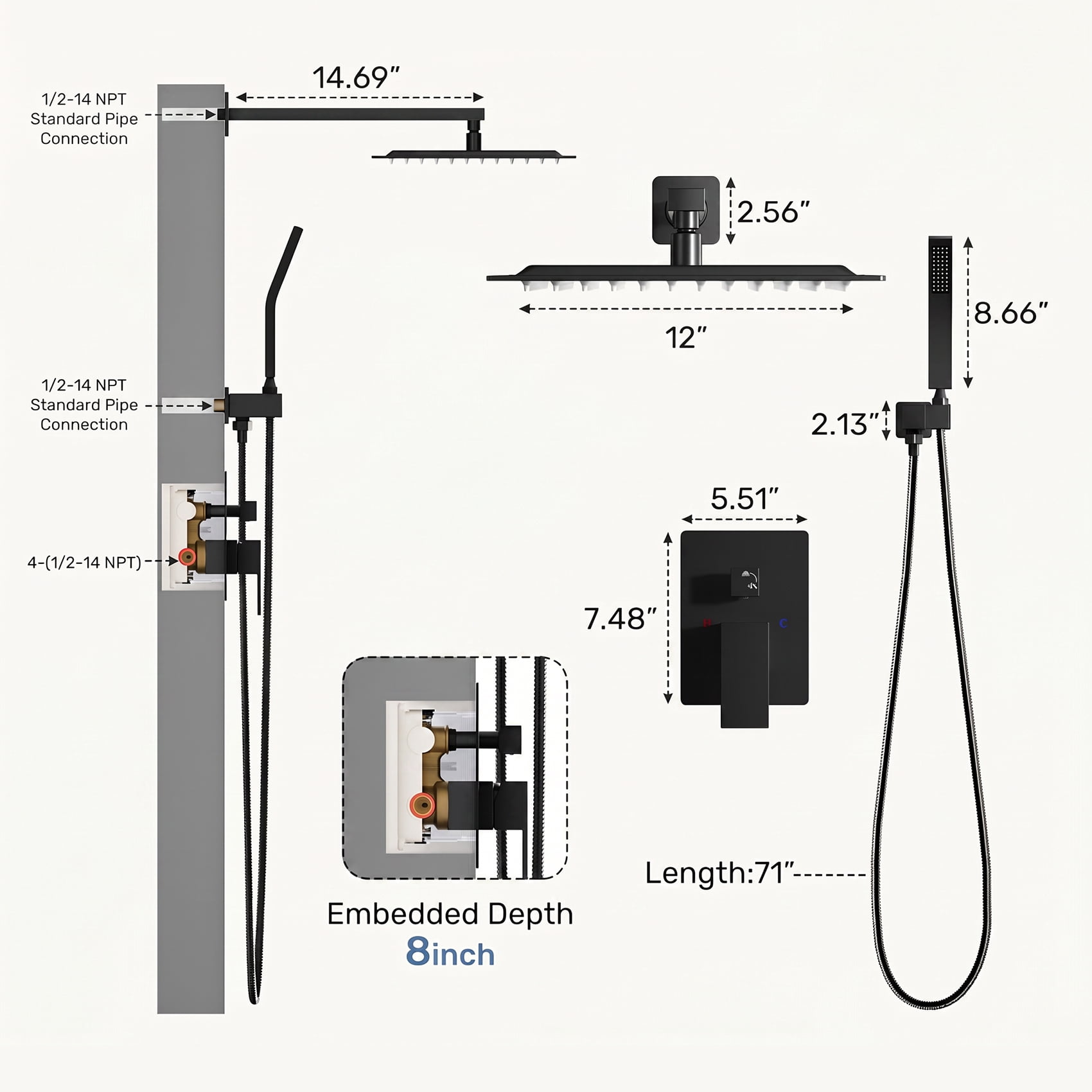 Alvantor Wall-Mounted Shower Faucet Set, 10/12 Inch Square Overhead Spray and Handheld Shower Head with Pressure Balance and Temperature Control Valve
